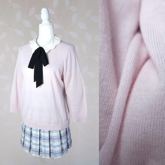 Talbots Coquette Twee Knit Top Retro Collar Merino Wool Sweater Pastel Pink L - Picture 14 of 14